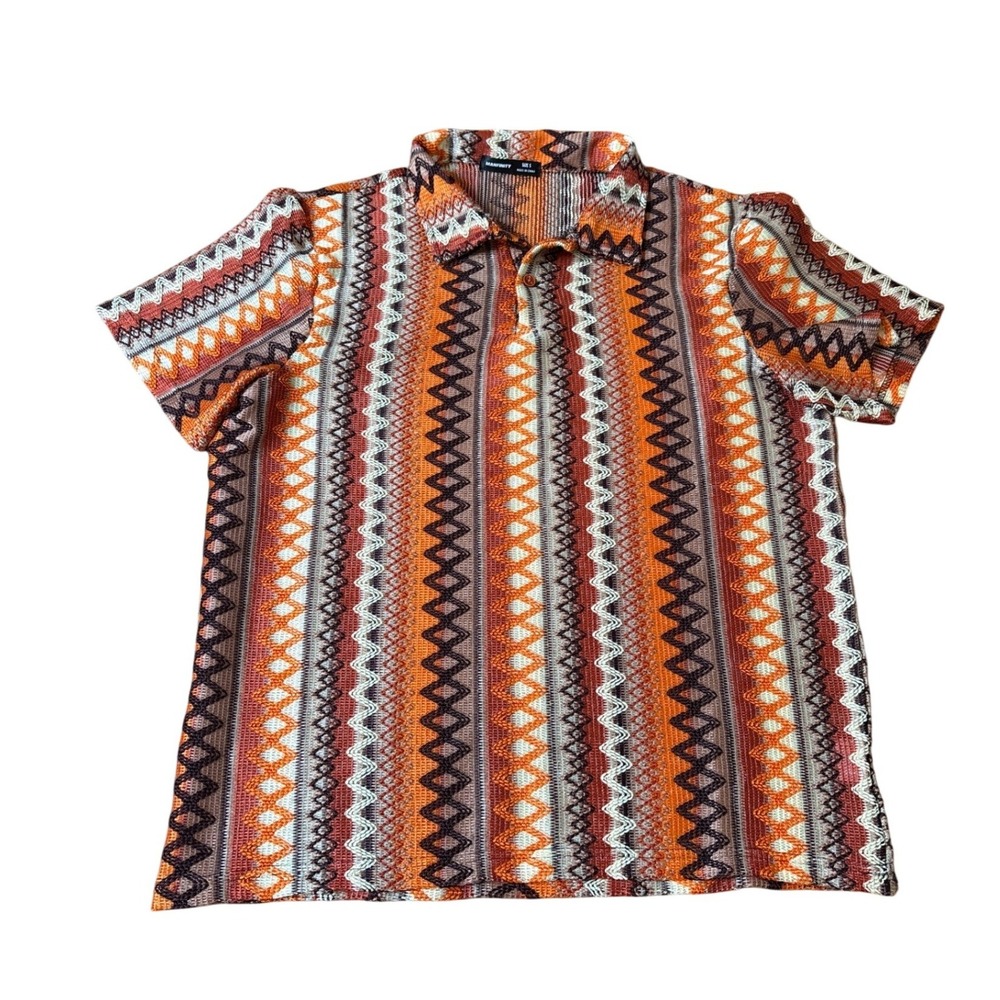 Manfinity Polo Shirt Men Orange Geometric Knit Retro Short Sleeve SIZE S